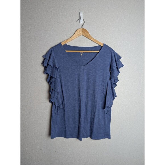 NWOT Belle Kim Gravel Slub Knit Double Ruffle V-Neck Top Indigo Sz M 229 - Picture 2 of 8
